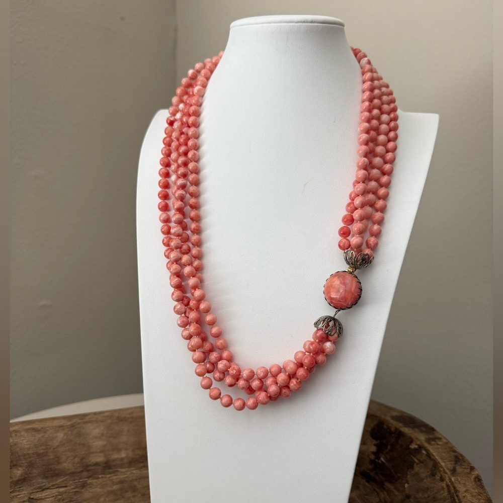 Vintage Coral Colored Multi-strand Long Statement Necklace